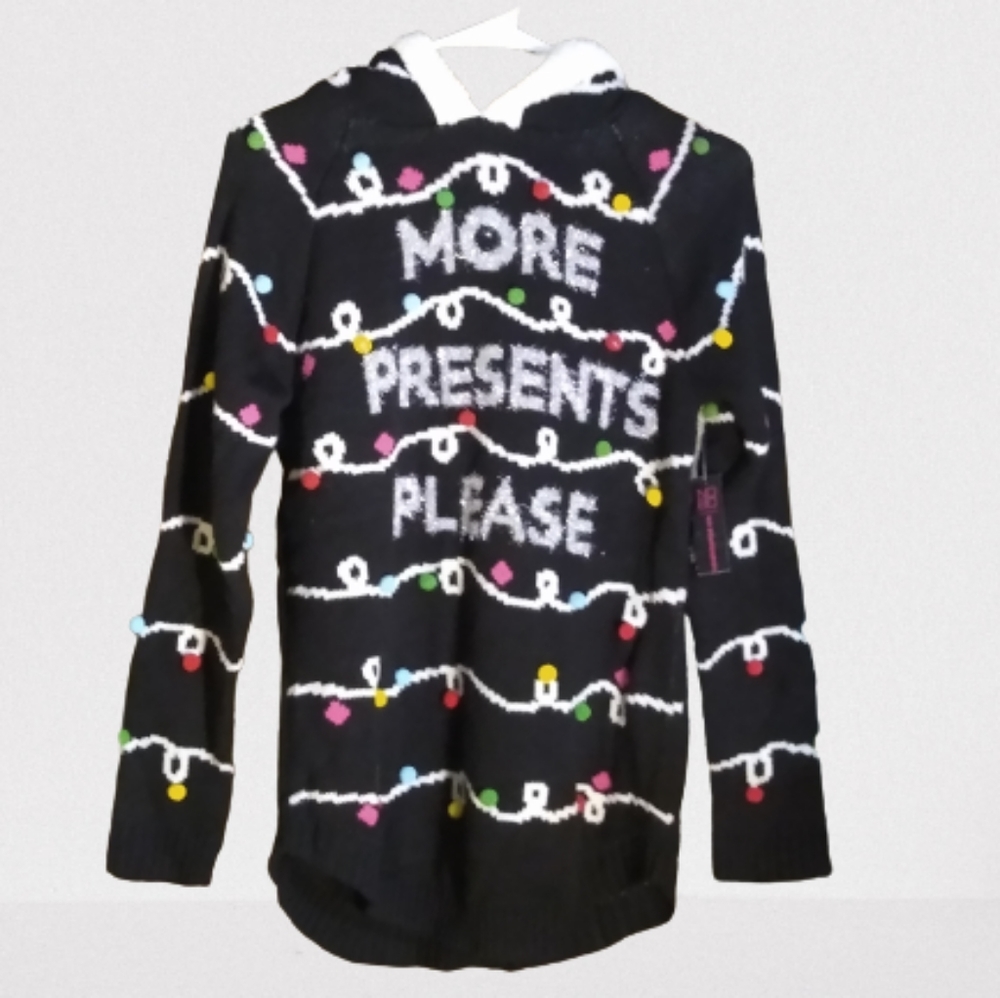 No Boundaries Christmas Sweater Hooded Lights More Presents Tinsel NWT Small